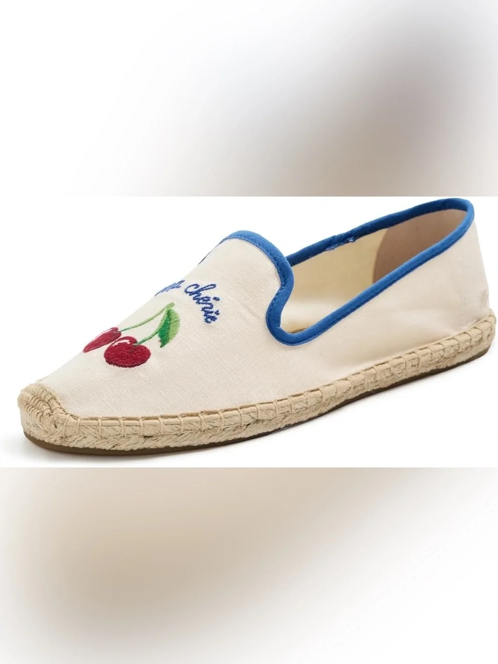 Soludos Ma Chérie Cherry Embroidered Espadrilles in White with Blue Trim